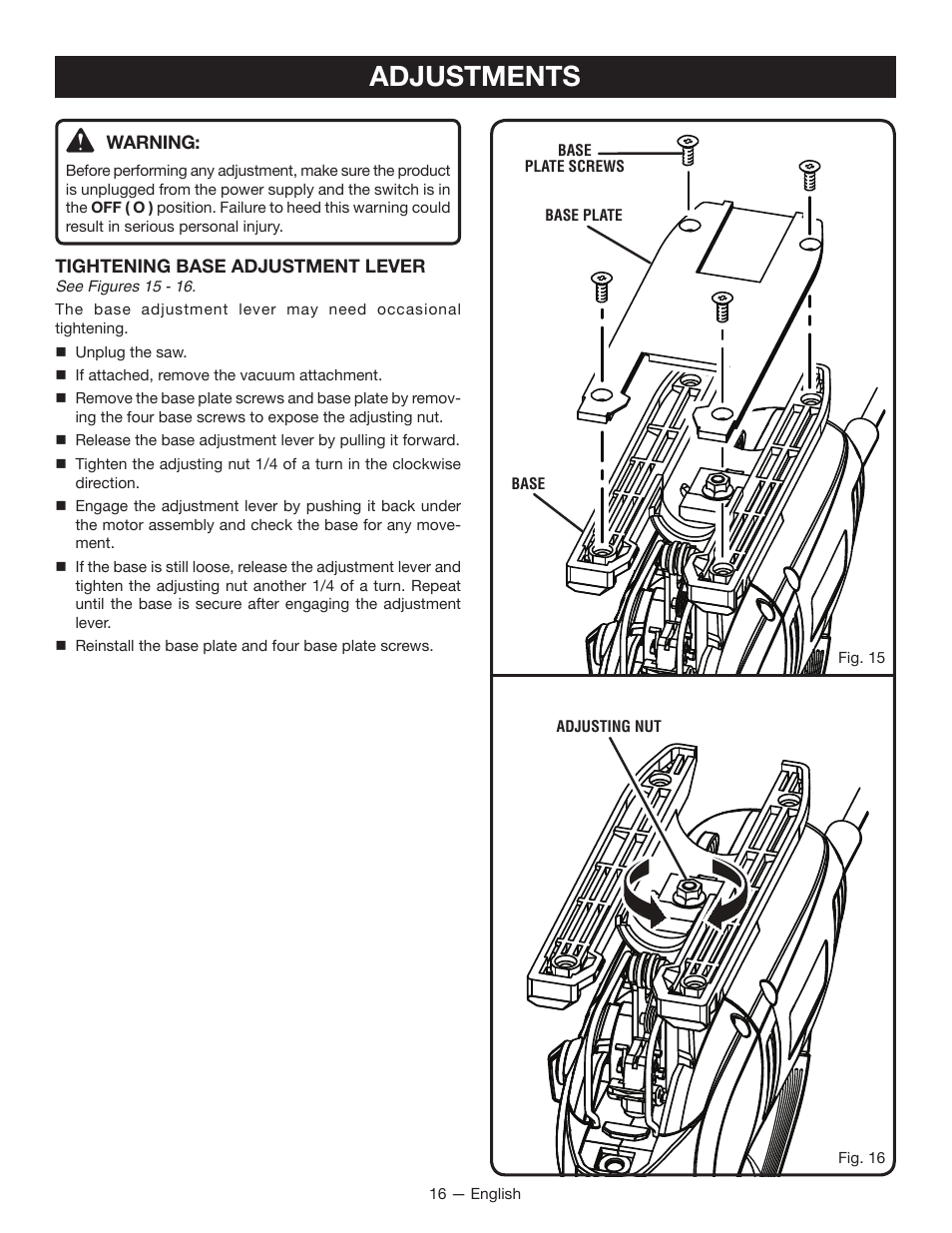 Adjustments | Ryobi JS451L User Manual | Page 16 / 20