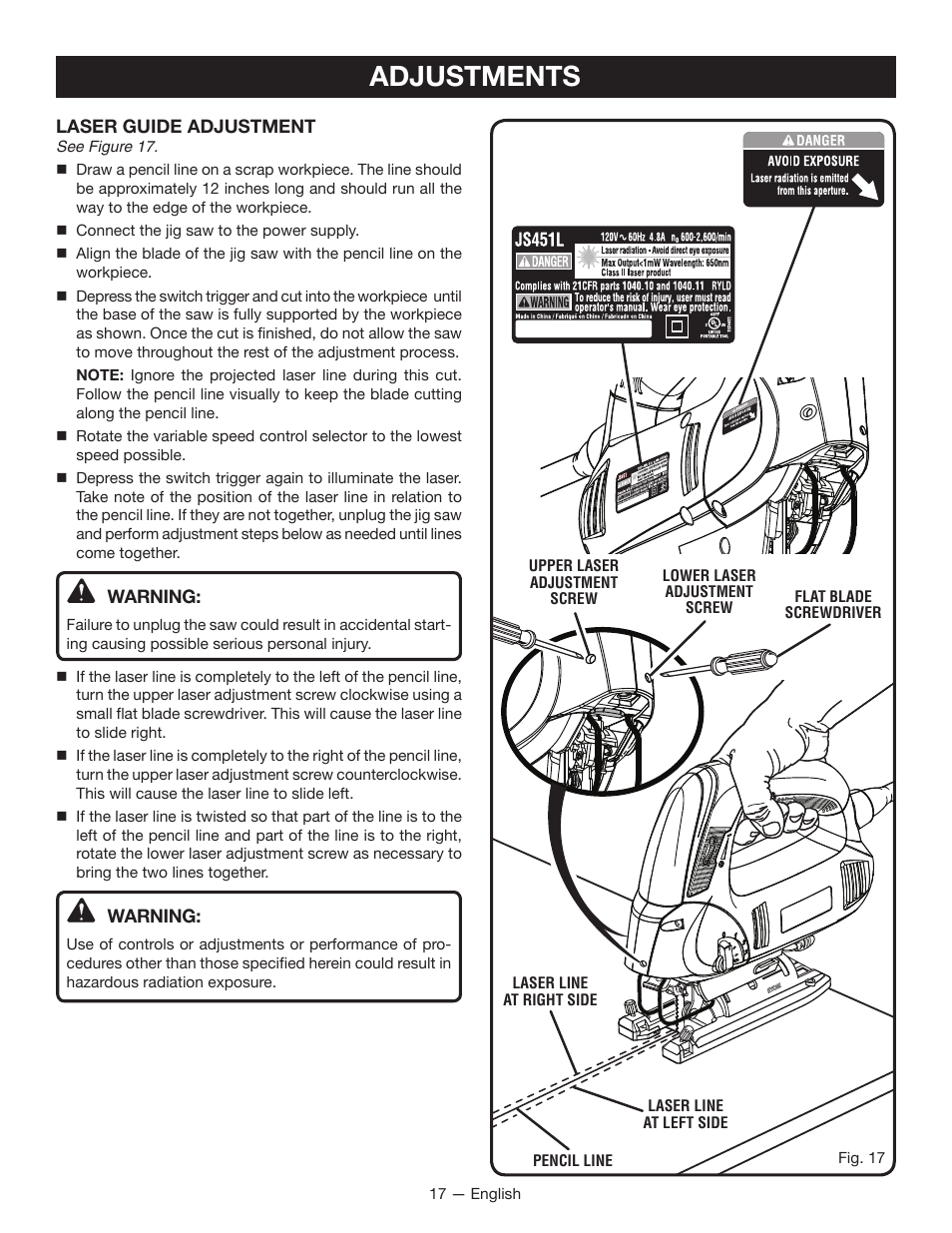 Adjustments | Ryobi JS451L User Manual | Page 17 / 20