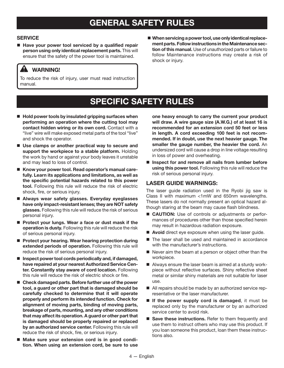 Specific safety rules general safety rules | Ryobi JS451L User Manual | Page 4 / 20