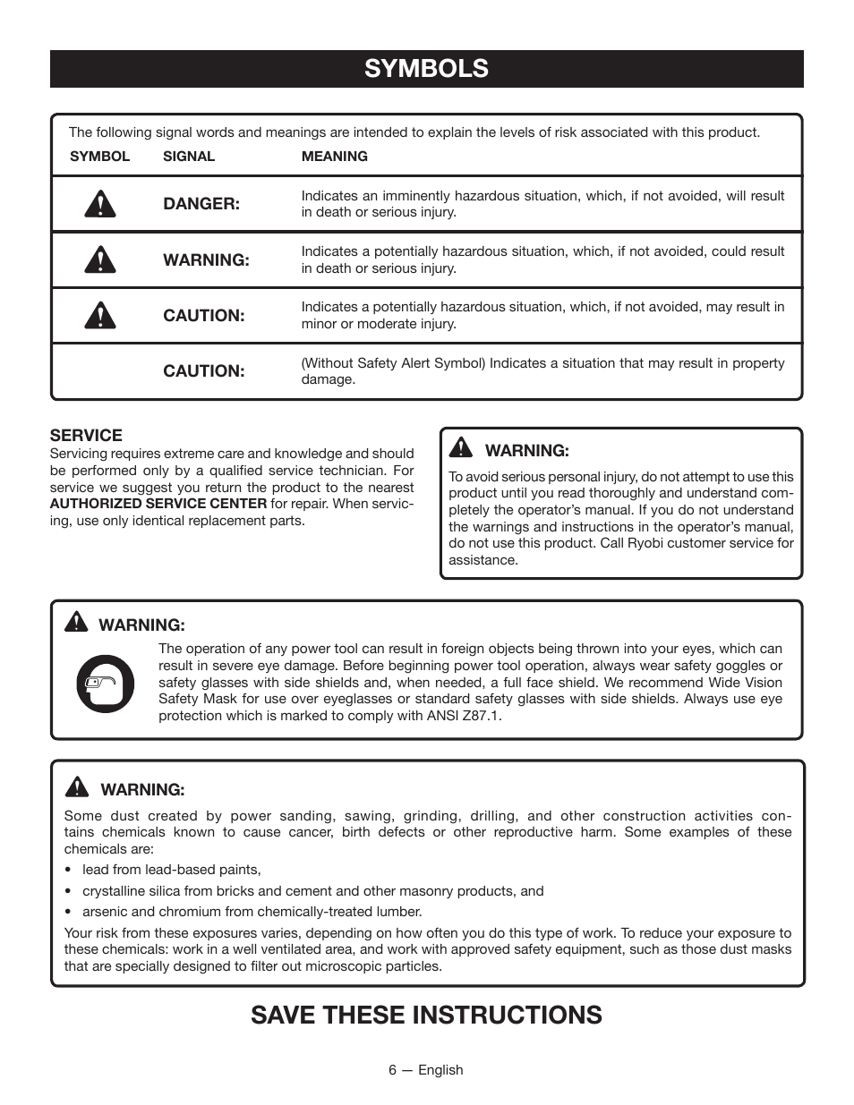 Symbols, Save these instructions | Ryobi JS451L User Manual | Page 6 / 20