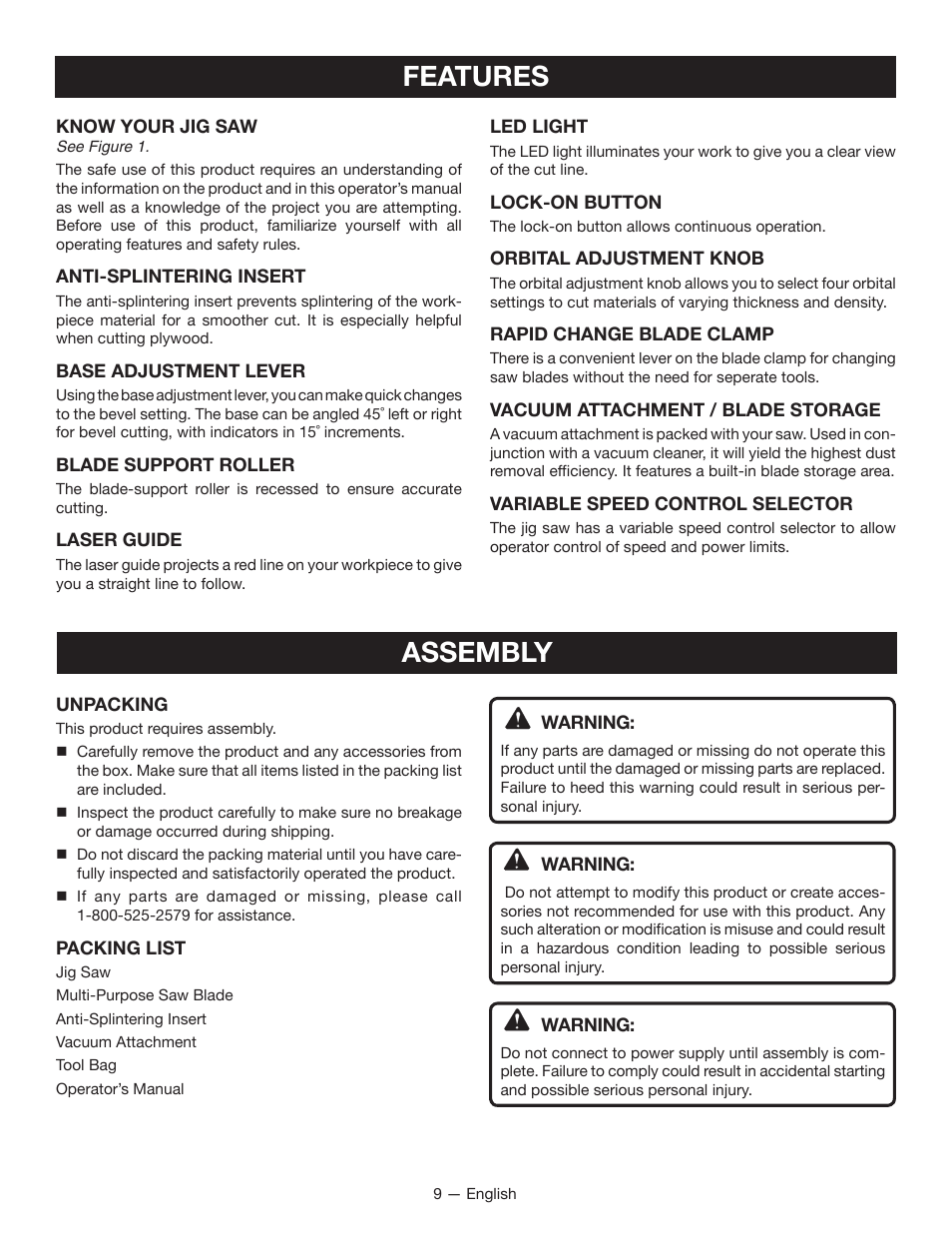 Features assembly | Ryobi JS451L User Manual | Page 9 / 20