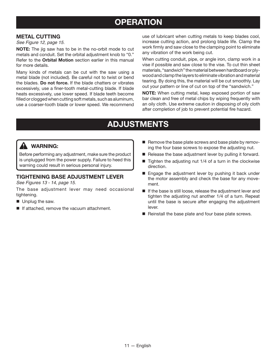 Operation, Adjustments | Ryobi JS480L User Manual | Page 11 / 40
