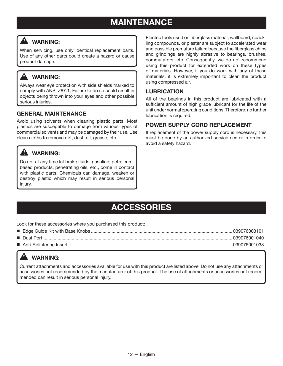 Maintenance, Accessories | Ryobi JS480L User Manual | Page 12 / 40