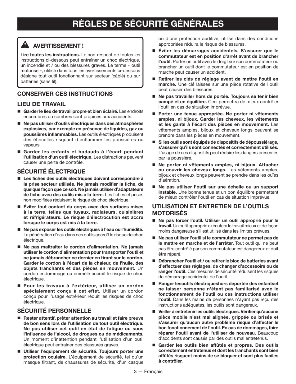 Règles de sécurité générales, Avertissement, Conserver ces instructions lieu de travail | Sécurité électrique, Sécurité personnelle, Utilisation et entretien de l’outils motorisés | Ryobi JS480L User Manual | Page 15 / 40