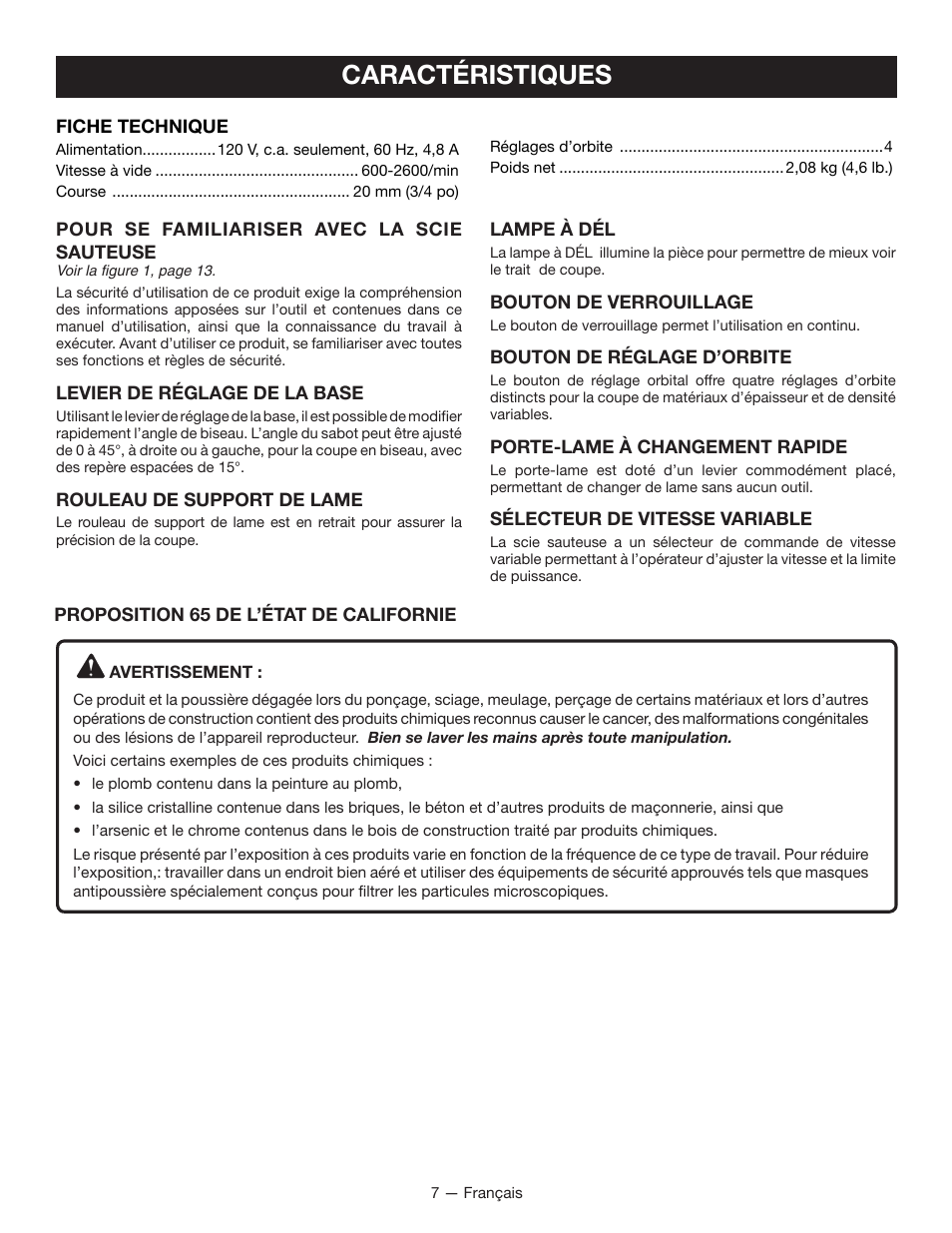 Caractéristiques | Ryobi JS480L User Manual | Page 19 / 40