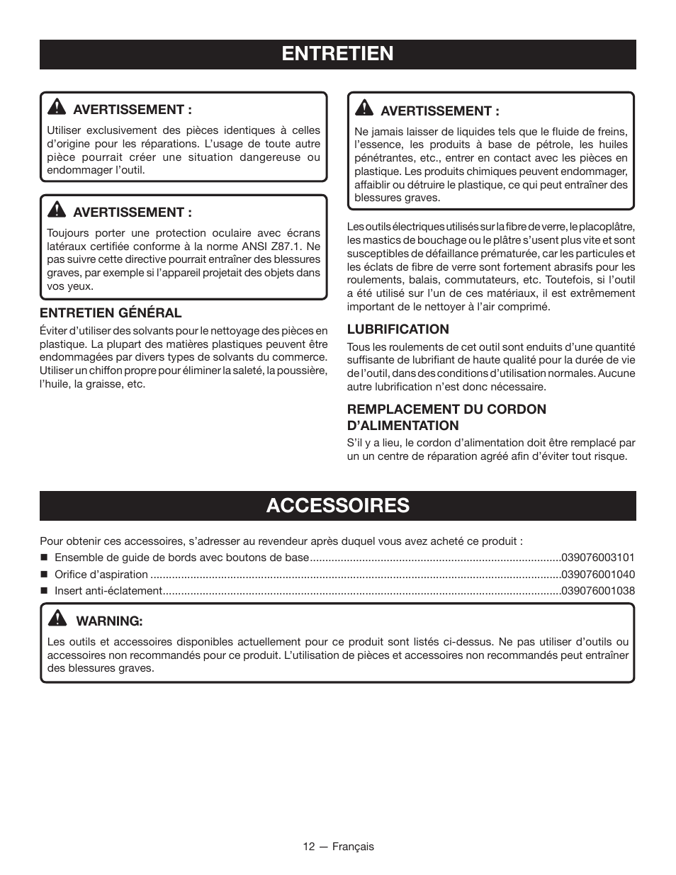 Accessoires, Entretien | Ryobi JS480L User Manual | Page 24 / 40
