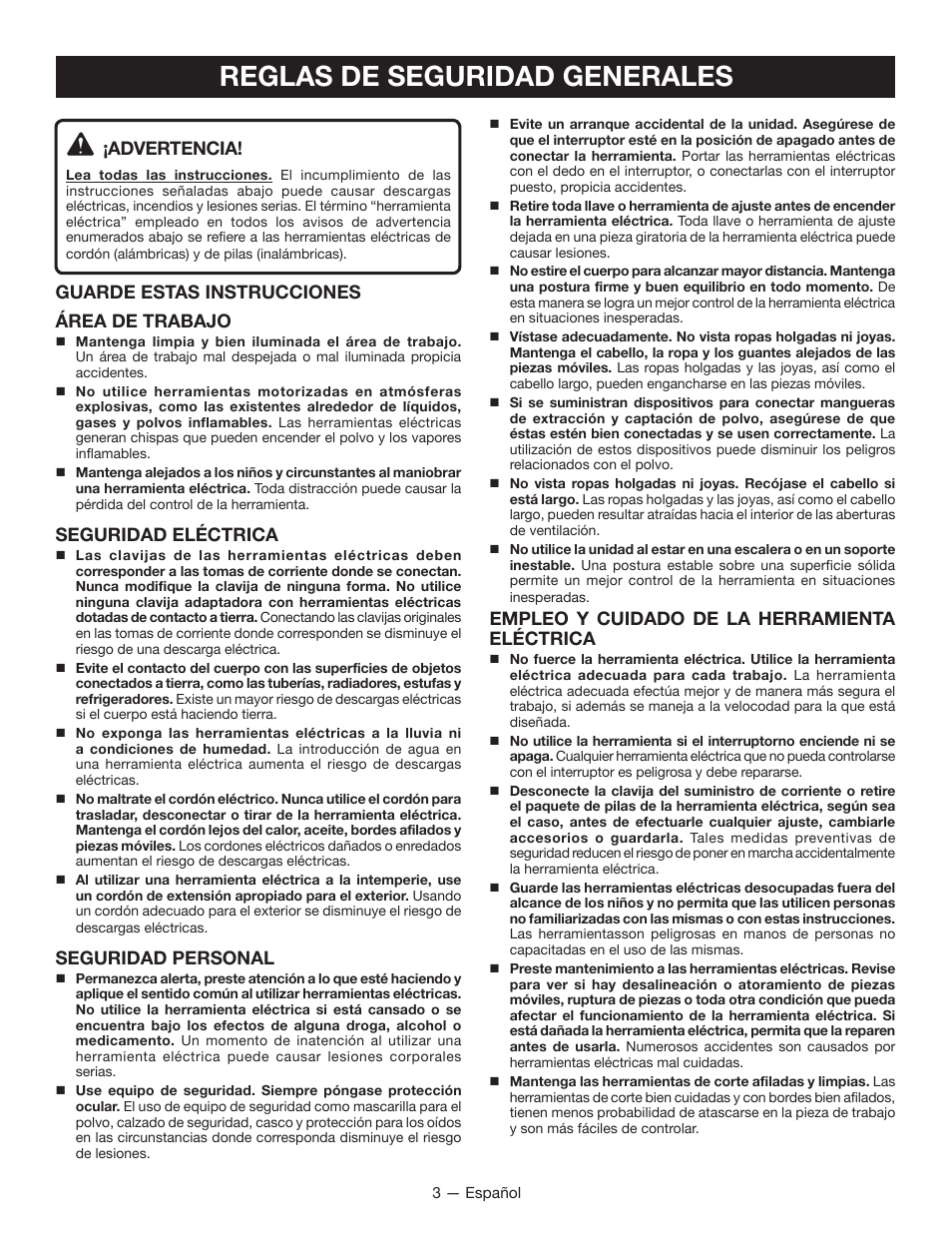 Reglas de seguridad generales, Advertencia, Guarde estas instrucciones área de trabajo | Seguridad eléctrica, Seguridad personal, Empleo y cuidado de la herramienta eléctrica | Ryobi JS480L User Manual | Page 26 / 40