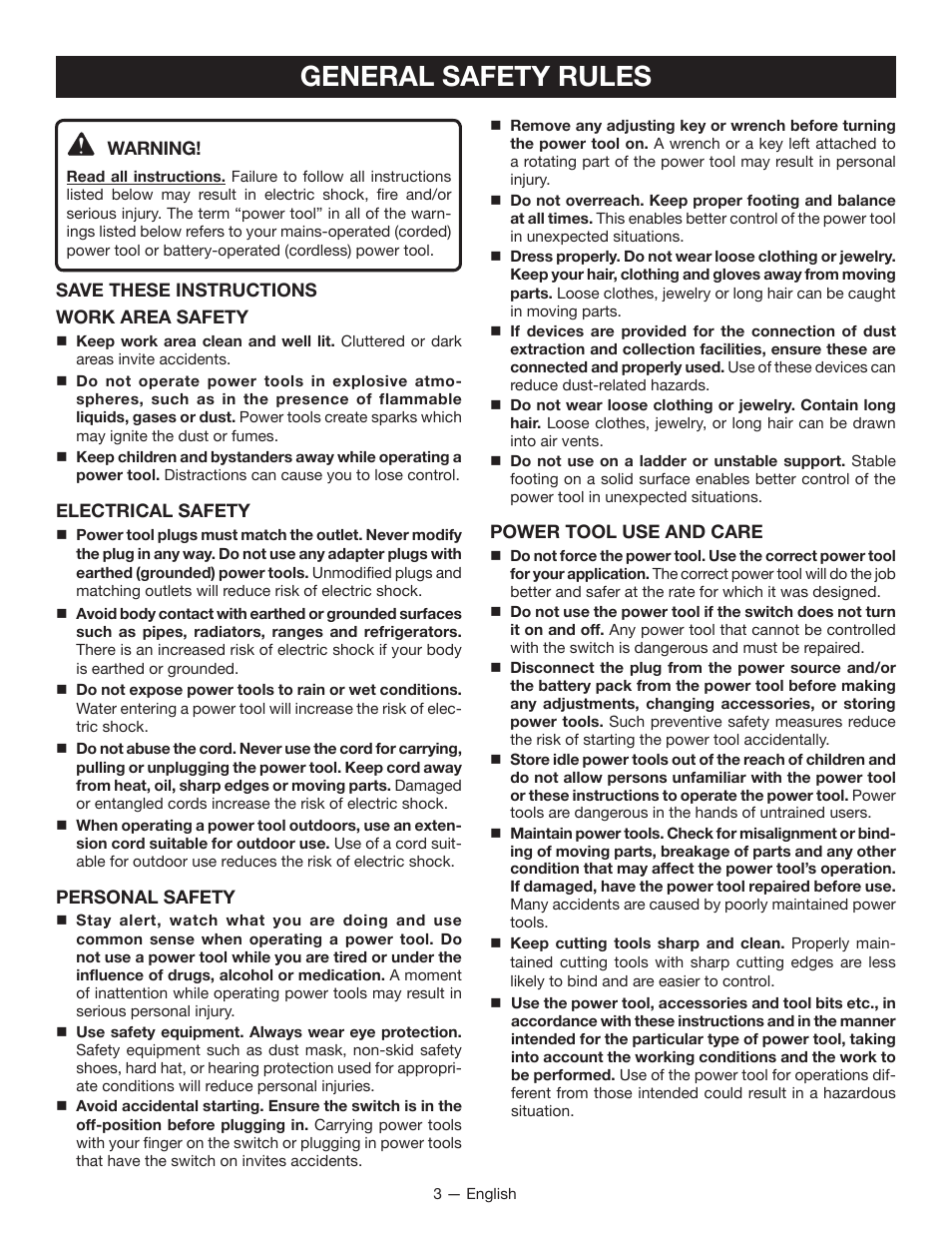 General safety rules | Ryobi JS480L User Manual | Page 3 / 40