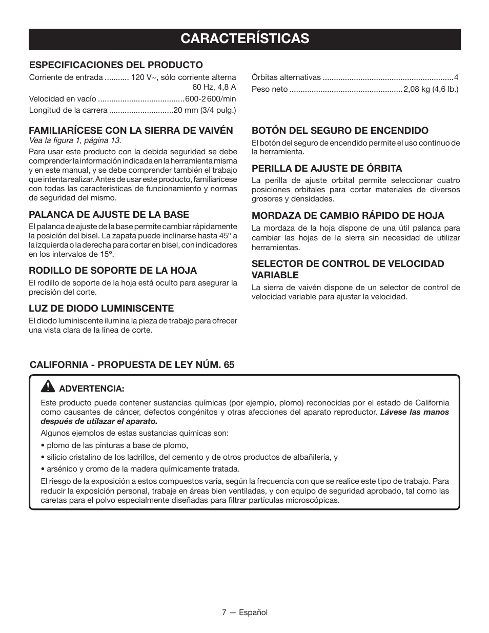 Características | Ryobi JS480L User Manual | Page 30 / 40
