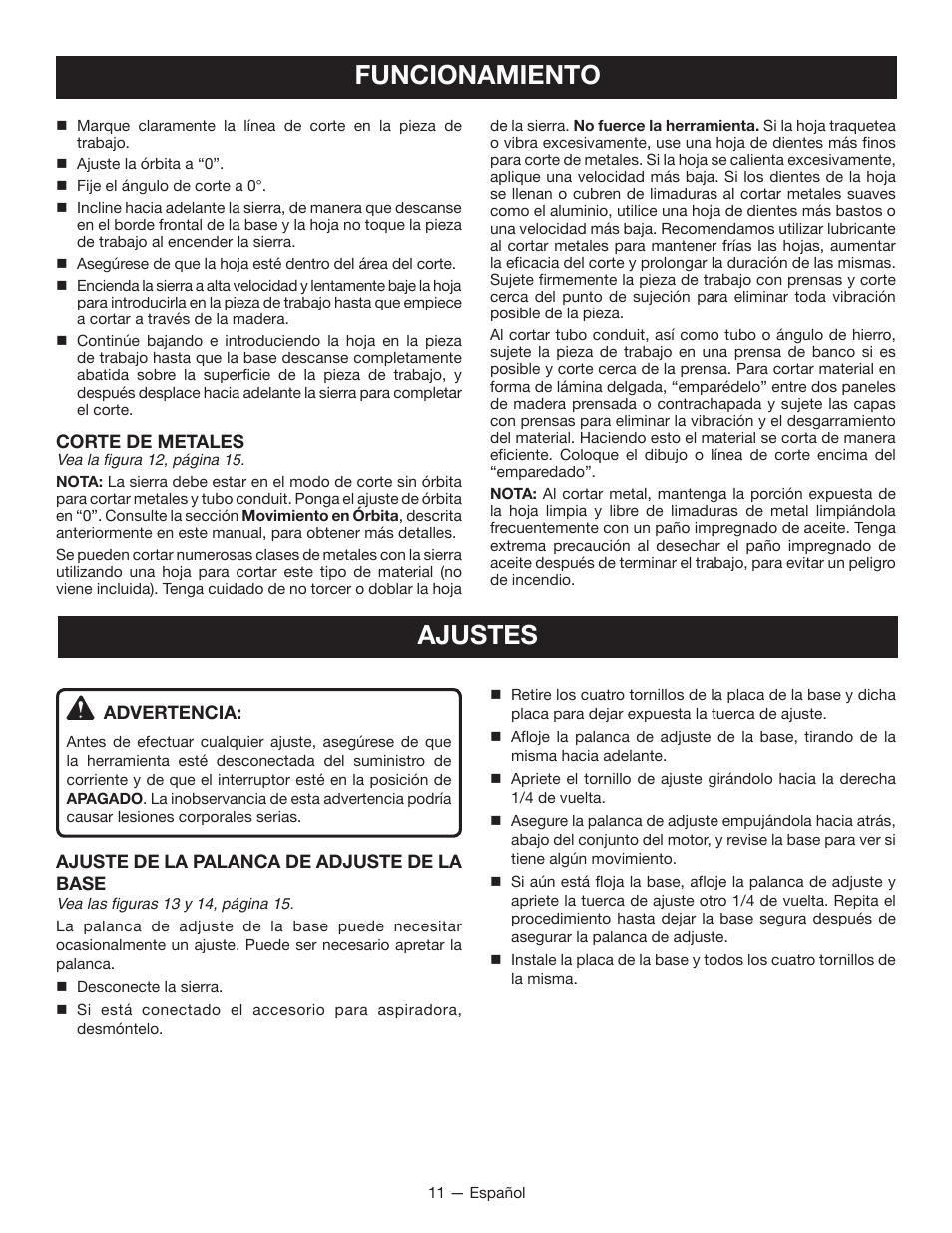 Funcionamiento, Ajustes | Ryobi JS480L User Manual | Page 34 / 40