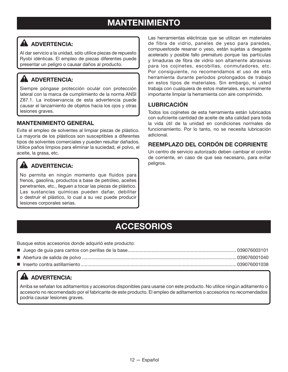Accesorios, Mantenimiento | Ryobi JS480L User Manual | Page 35 / 40