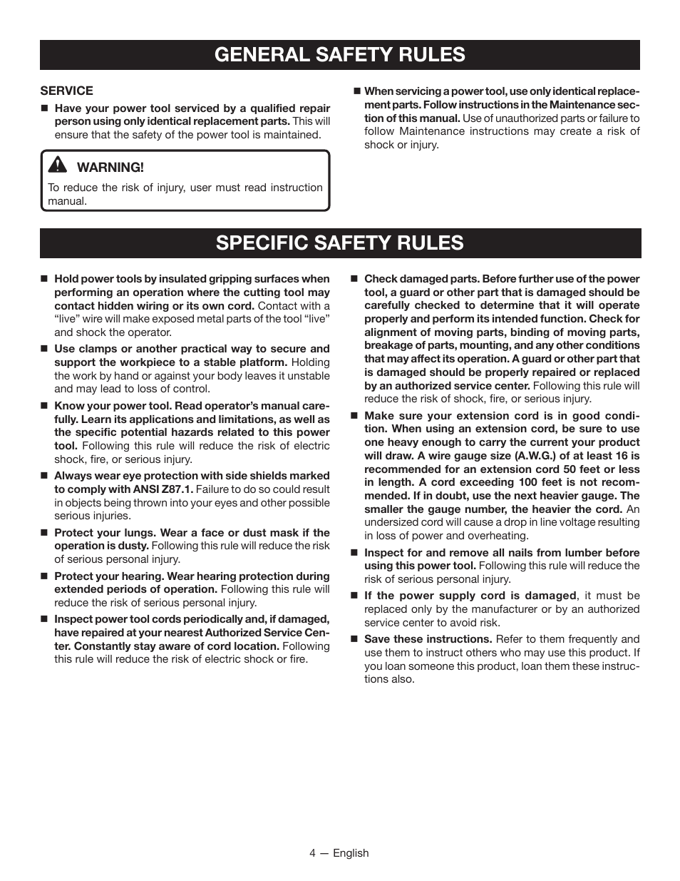 Specific safety rules general safety rules | Ryobi JS480L User Manual | Page 4 / 40