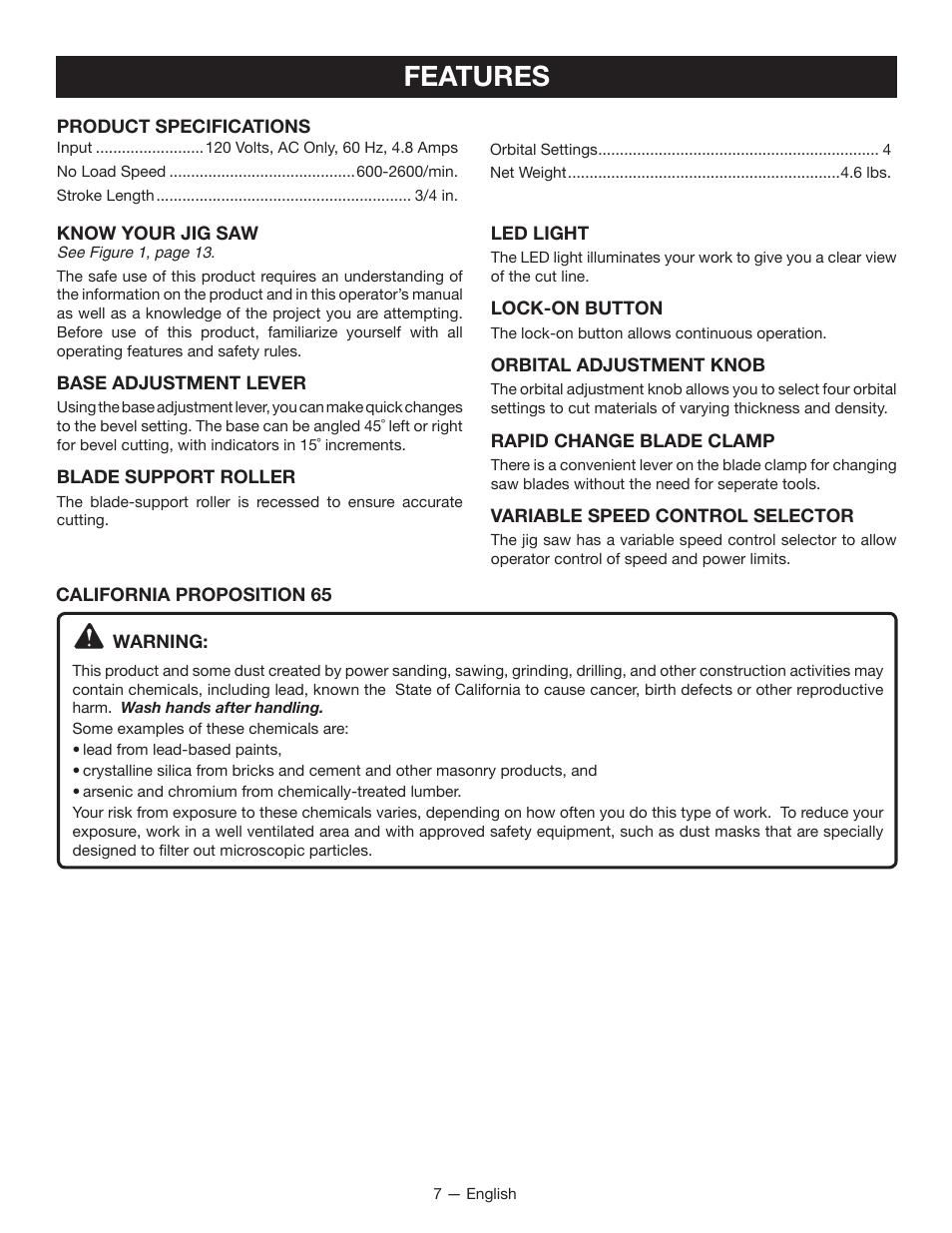 Features | Ryobi JS480L User Manual | Page 7 / 40