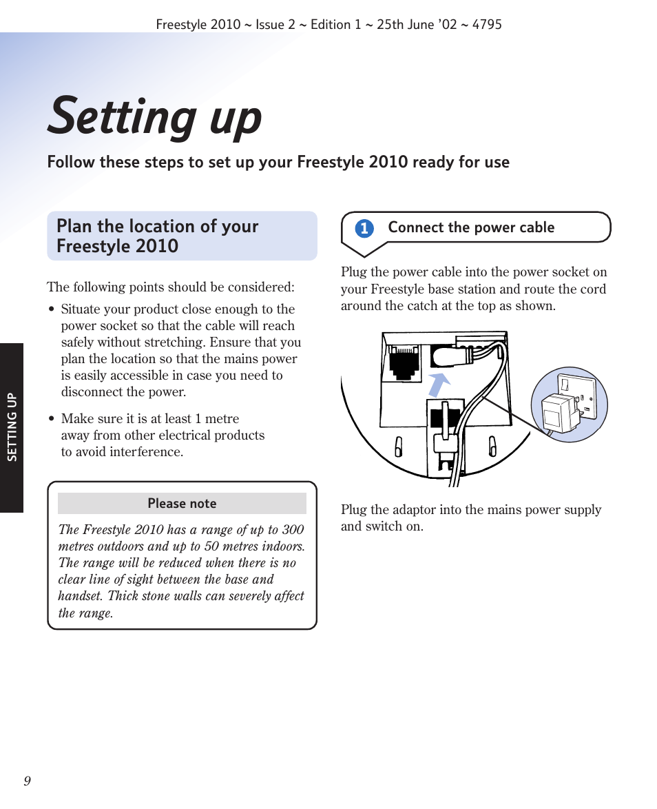 Setting up, Plan the location of your freestyle 2010 | BT 2010 User Manual | Page 12 / 48