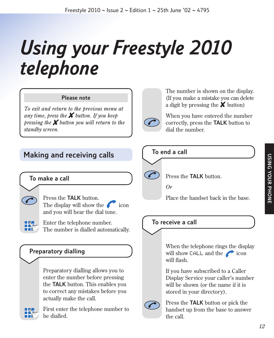 Using your freestyle 2010 telephone, Making and receiving calls | BT 2010 User Manual | Page 15 / 48