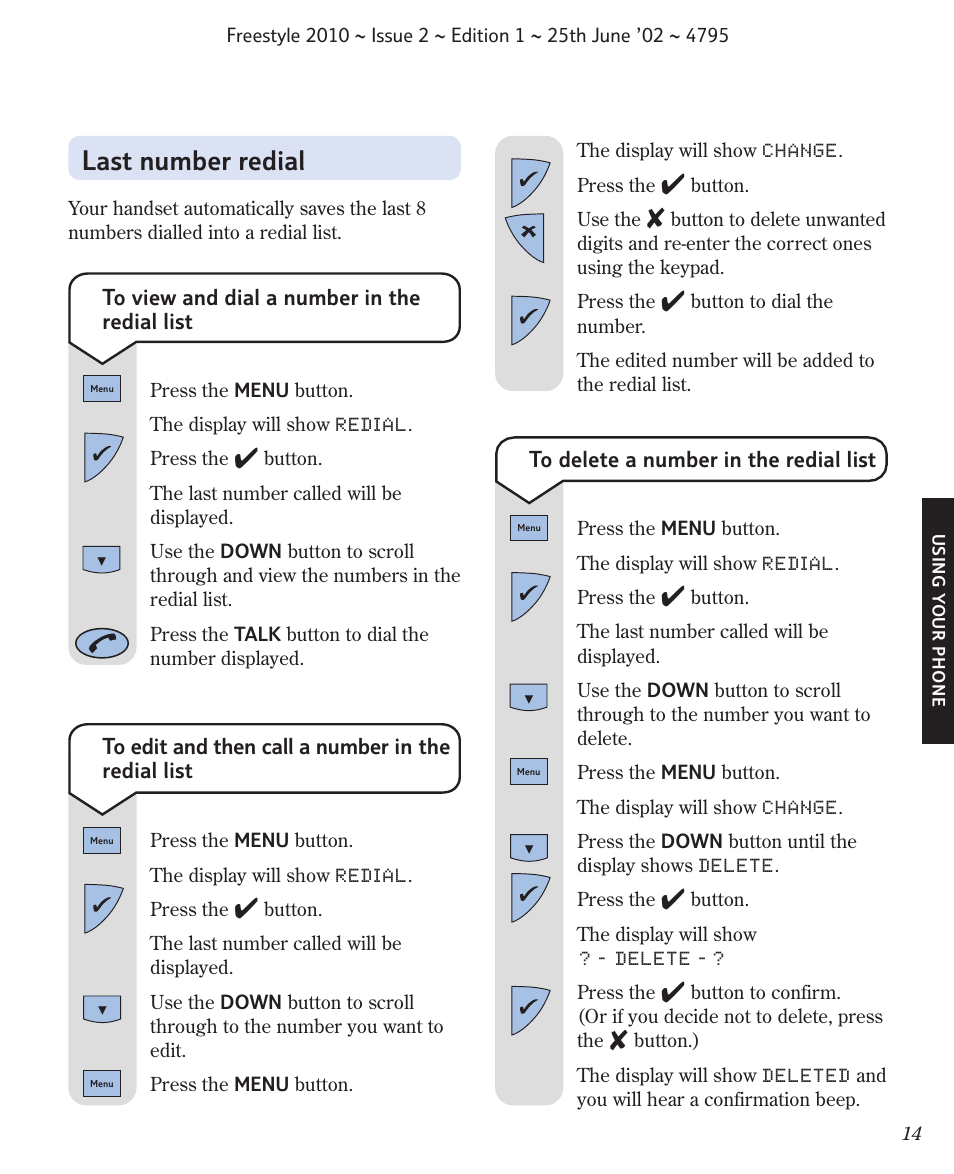 Last number redial | BT 2010 User Manual | Page 17 / 48