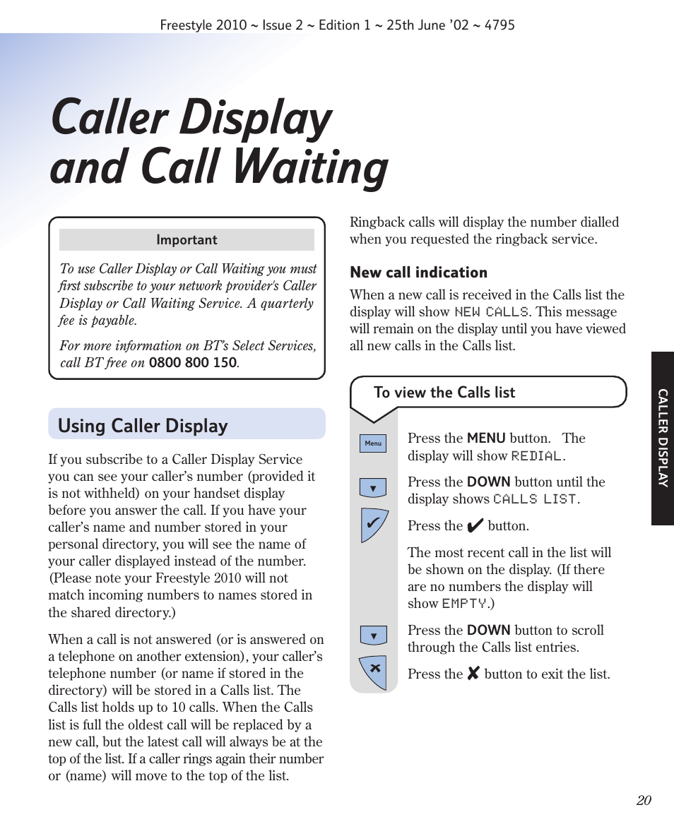 Caller display and call waiting, Using caller display | BT 2010 User Manual | Page 23 / 48