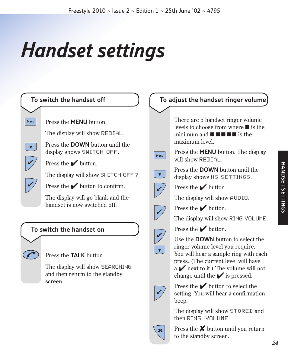 Handset settings | BT 2010 User Manual | Page 27 / 48