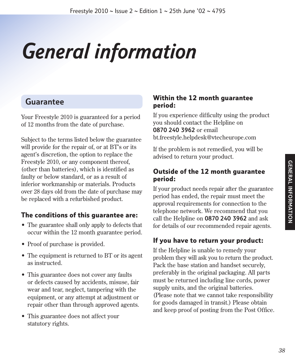 General information, Guarantee | BT 2010 User Manual | Page 41 / 48