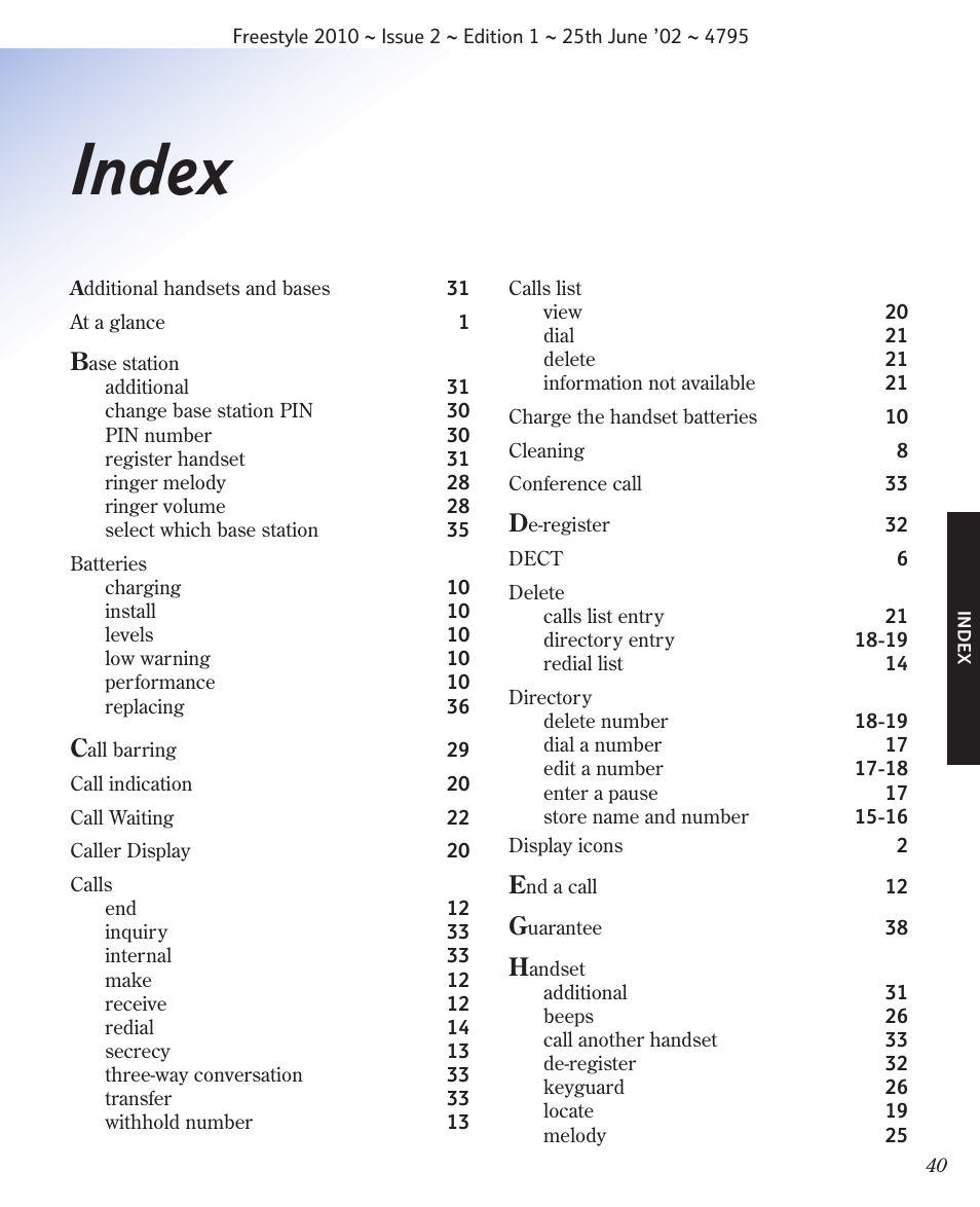 Index | BT 2010 User Manual | Page 43 / 48