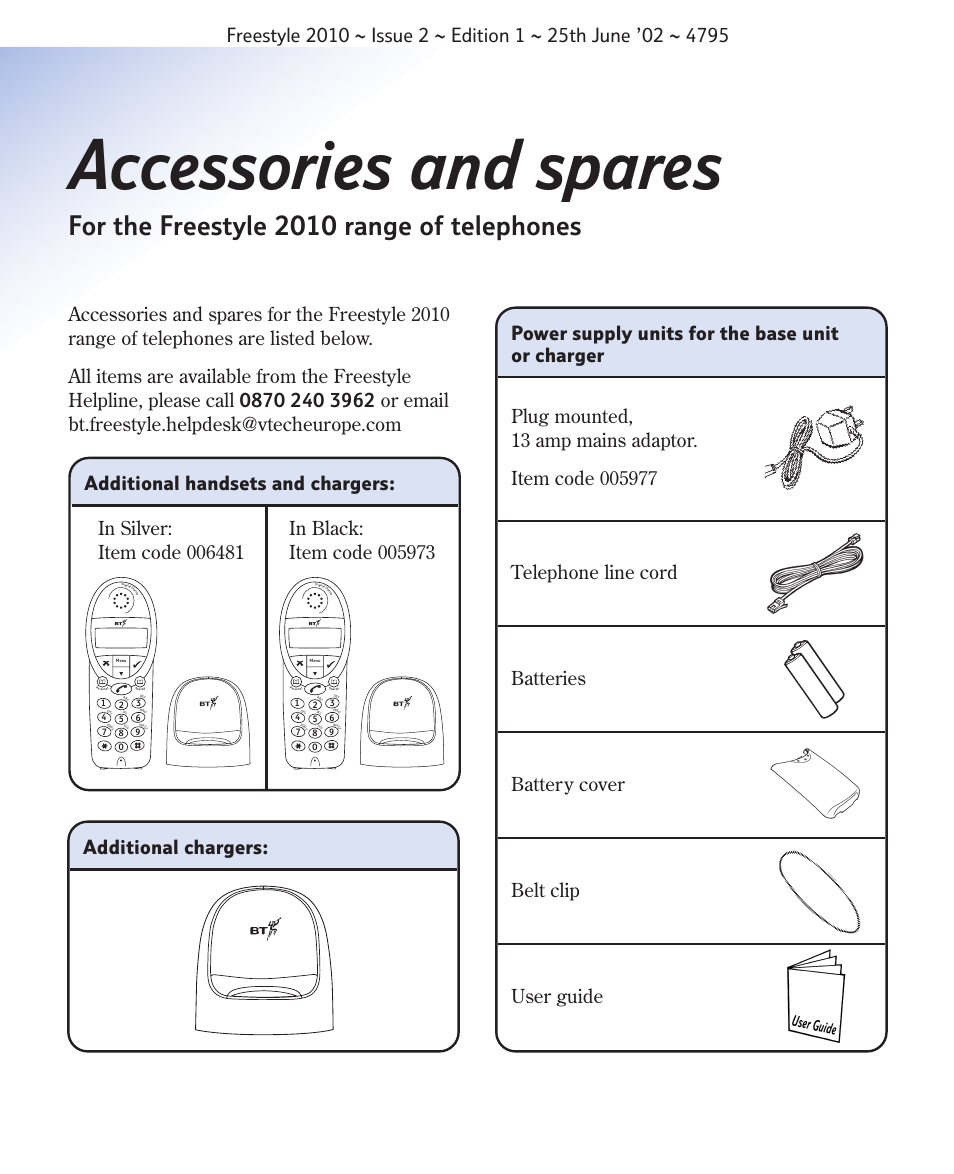 Accessories and spares, For the freestyle 2010 range of telephones | BT 2010 User Manual | Page 47 / 48