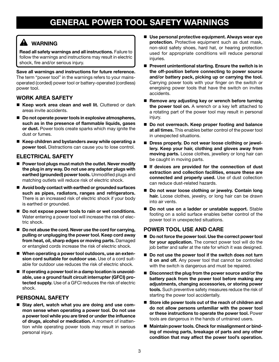 General power tool safety warnings | Ryobi JS550L User Manual | Page 3 / 44