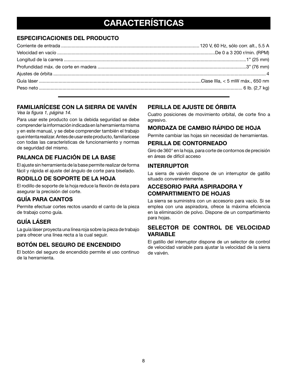 Características | Ryobi JS550L User Manual | Page 32 / 44
