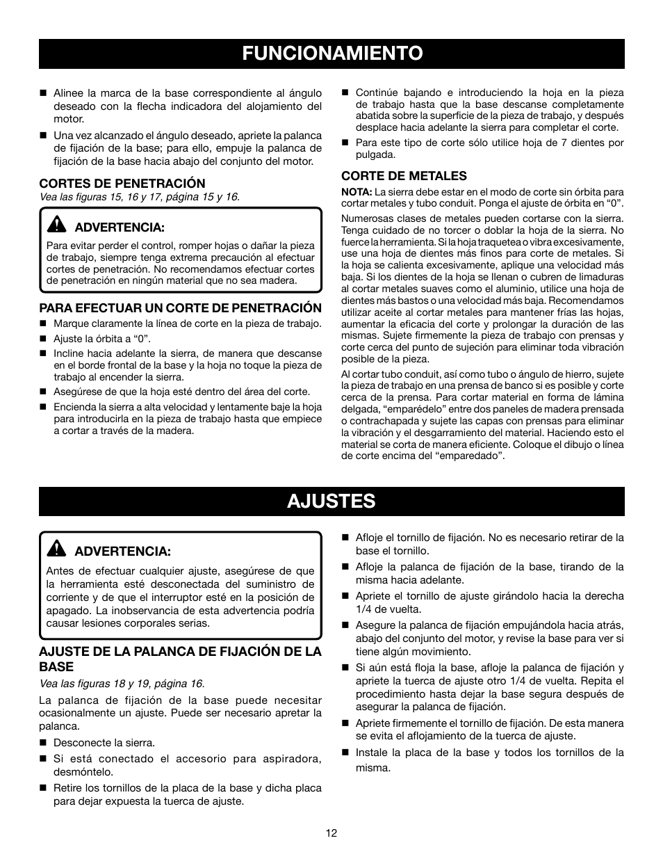 Funcionamiento, Ajustes | Ryobi JS550L User Manual | Page 36 / 44