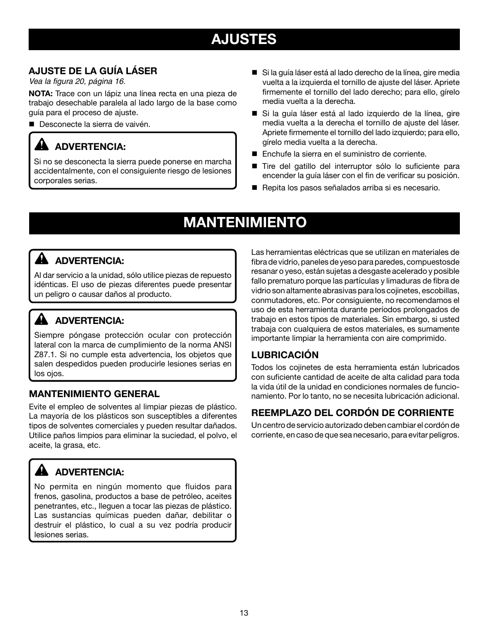 Ajustes, Mantenimiento | Ryobi JS550L User Manual | Page 37 / 44