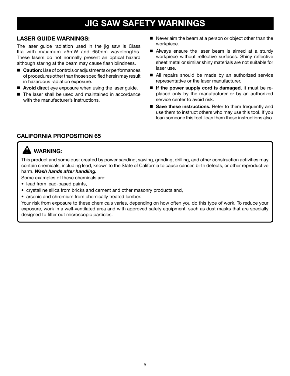 Jig saw safety warnings | Ryobi JS550L User Manual | Page 5 / 44