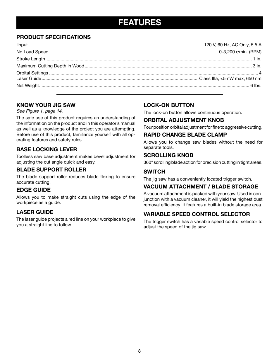 Features | Ryobi JS550L User Manual | Page 8 / 44