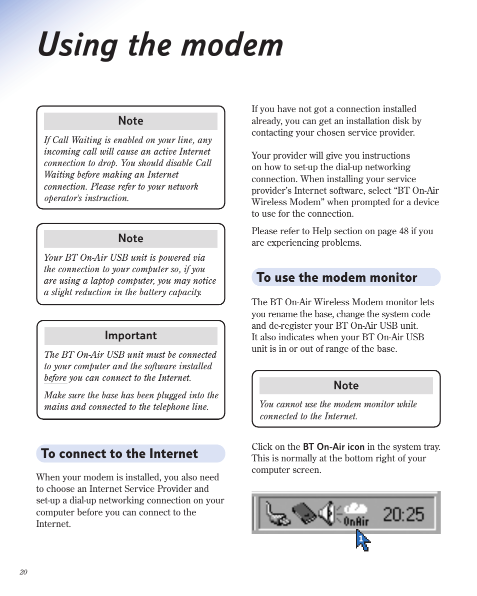Using the modem | BT 1800 User Manual | Page 20 / 58