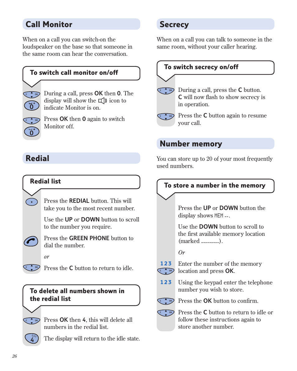 Redial, Secrecy, Call monitor | BT 1800 User Manual | Page 26 / 58