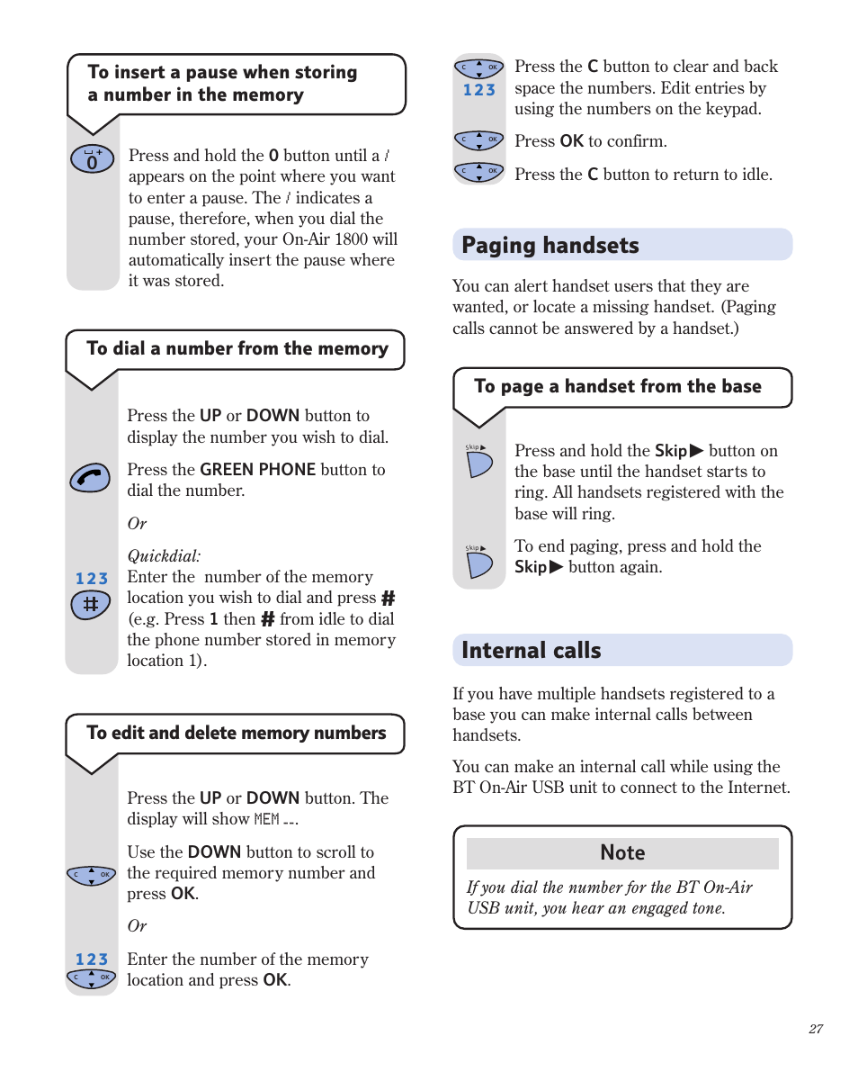 Paging handsets, Internal calls | BT 1800 User Manual | Page 27 / 58