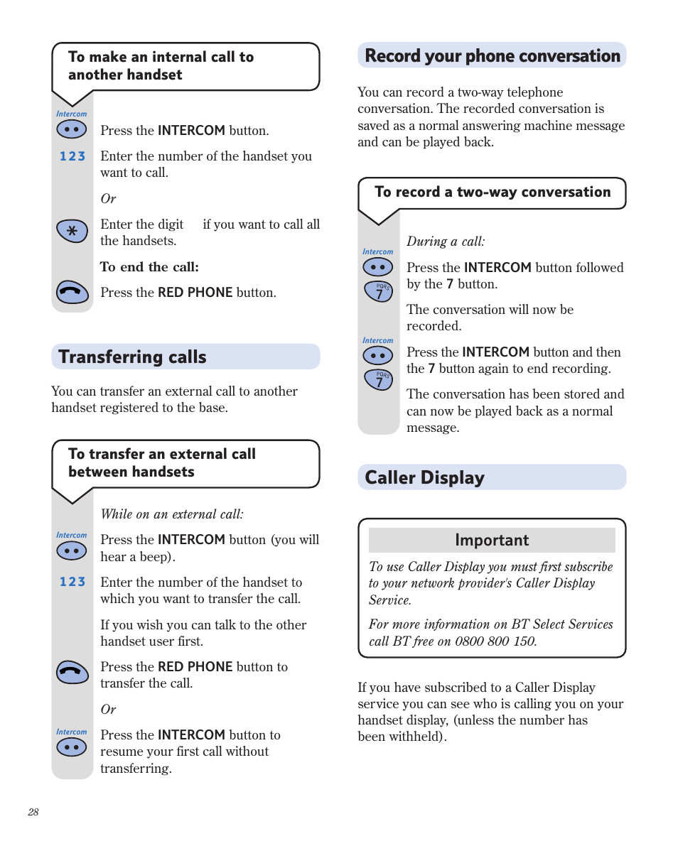 Caller display, Record your phone conversation, Transferring calls | Important | BT 1800 User Manual | Page 28 / 58