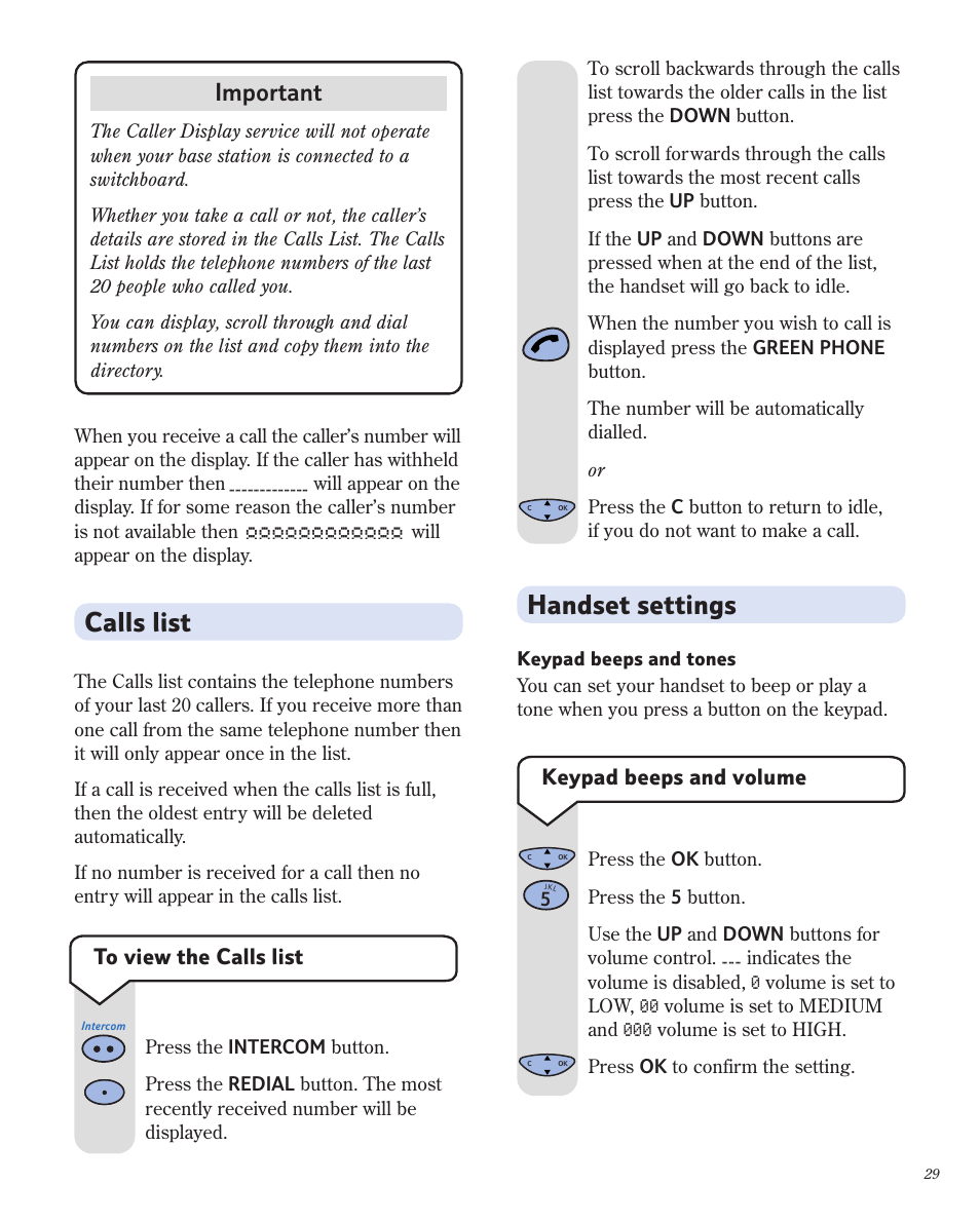 Handset settings, Calls list, Important | BT 1800 User Manual | Page 29 / 58