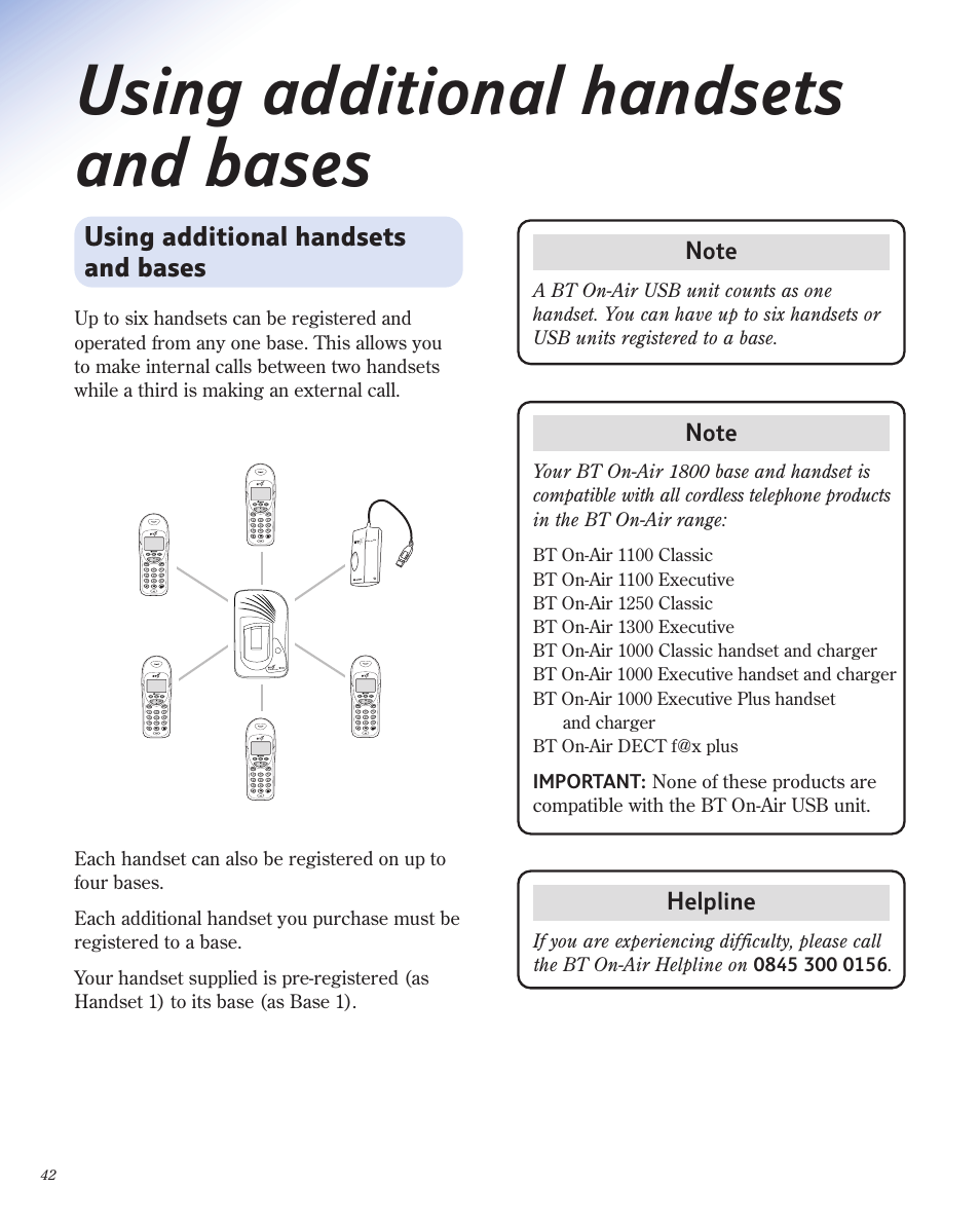 Using additional handsets and bases, Helpline, Bt on-air 1100 | Wxyz, Pqrs c ok, Bt on-air usb | BT 1800 User Manual | Page 42 / 58