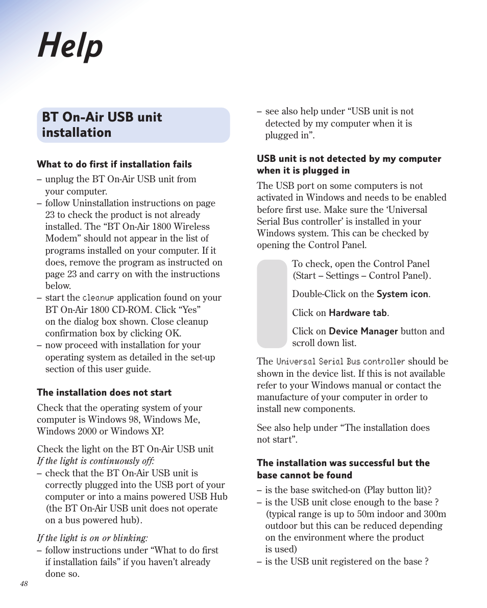 Help | BT 1800 User Manual | Page 48 / 58