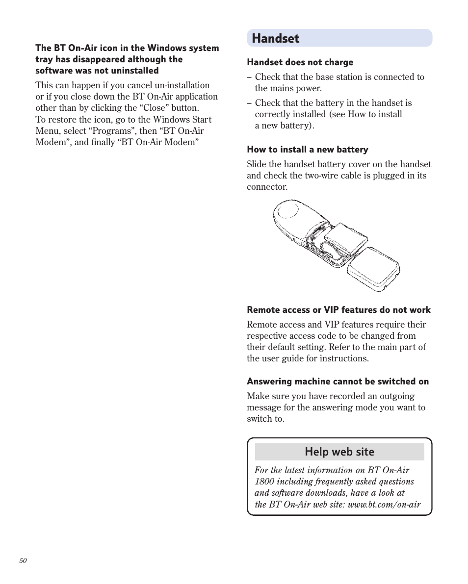 Handset, Help web site | BT 1800 User Manual | Page 50 / 58