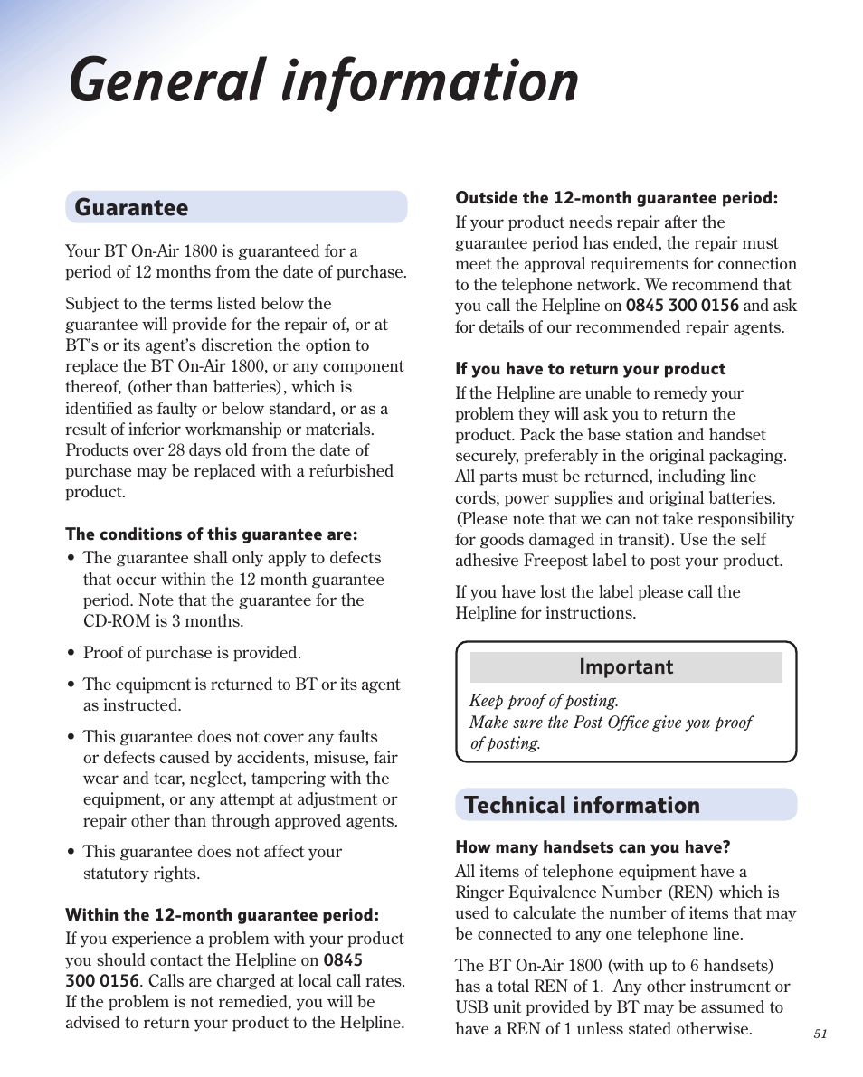 General information, Guarantee, Technical information | BT 1800 User Manual | Page 51 / 58