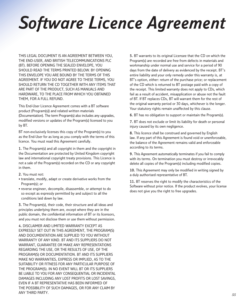 Software licence agreement | BT 1800 User Manual | Page 55 / 58