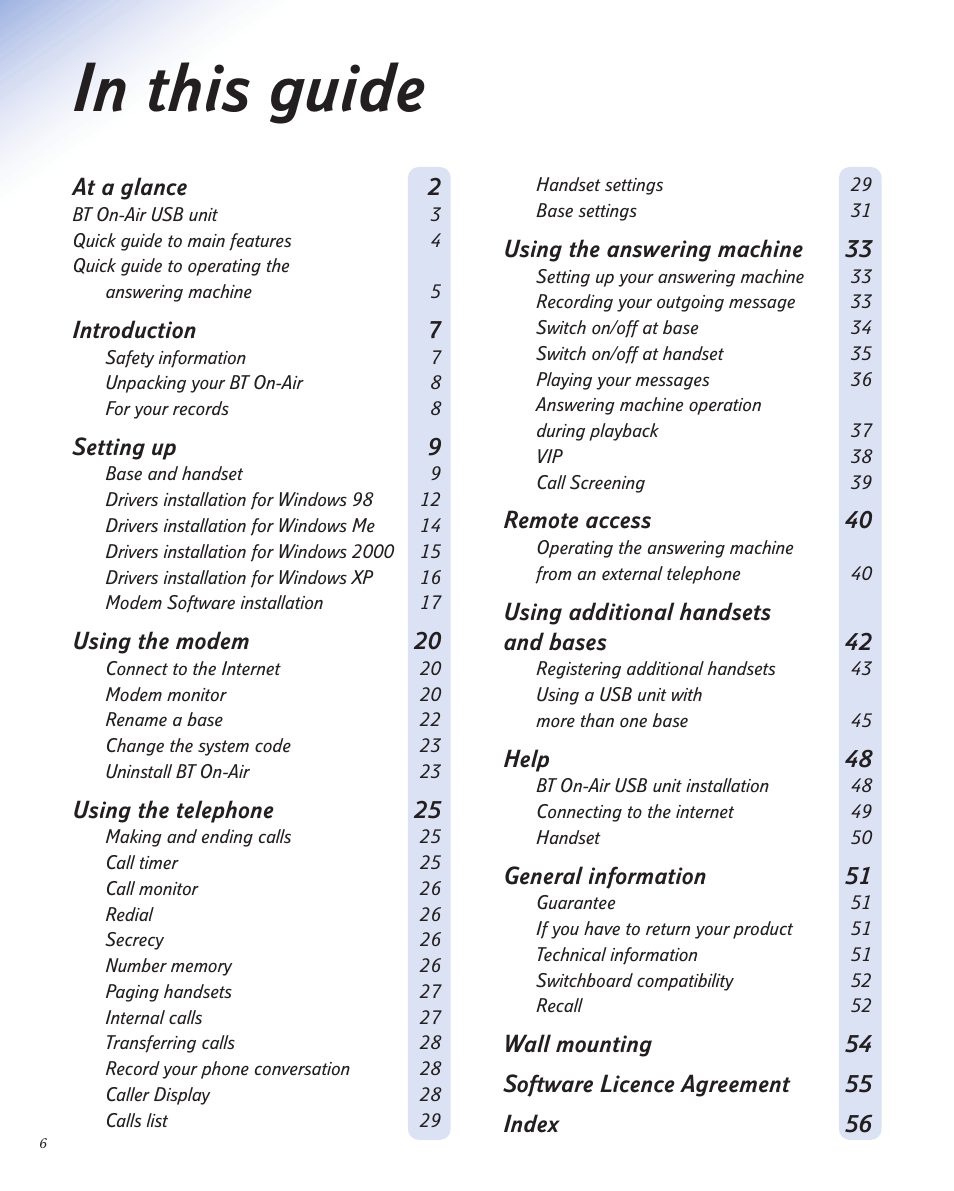 At a glance 2, Introduction 7, Setting up 9 | Using the modem 20, Using the telephone 25, Using the answering machine 33, Remote access 40, Using additional handsets and bases 42, Help 48, General information 51 | BT 1800 User Manual | Page 6 / 58