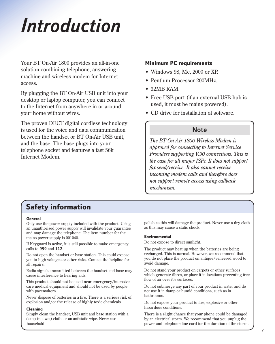 Introduction, Safety information | BT 1800 User Manual | Page 7 / 58