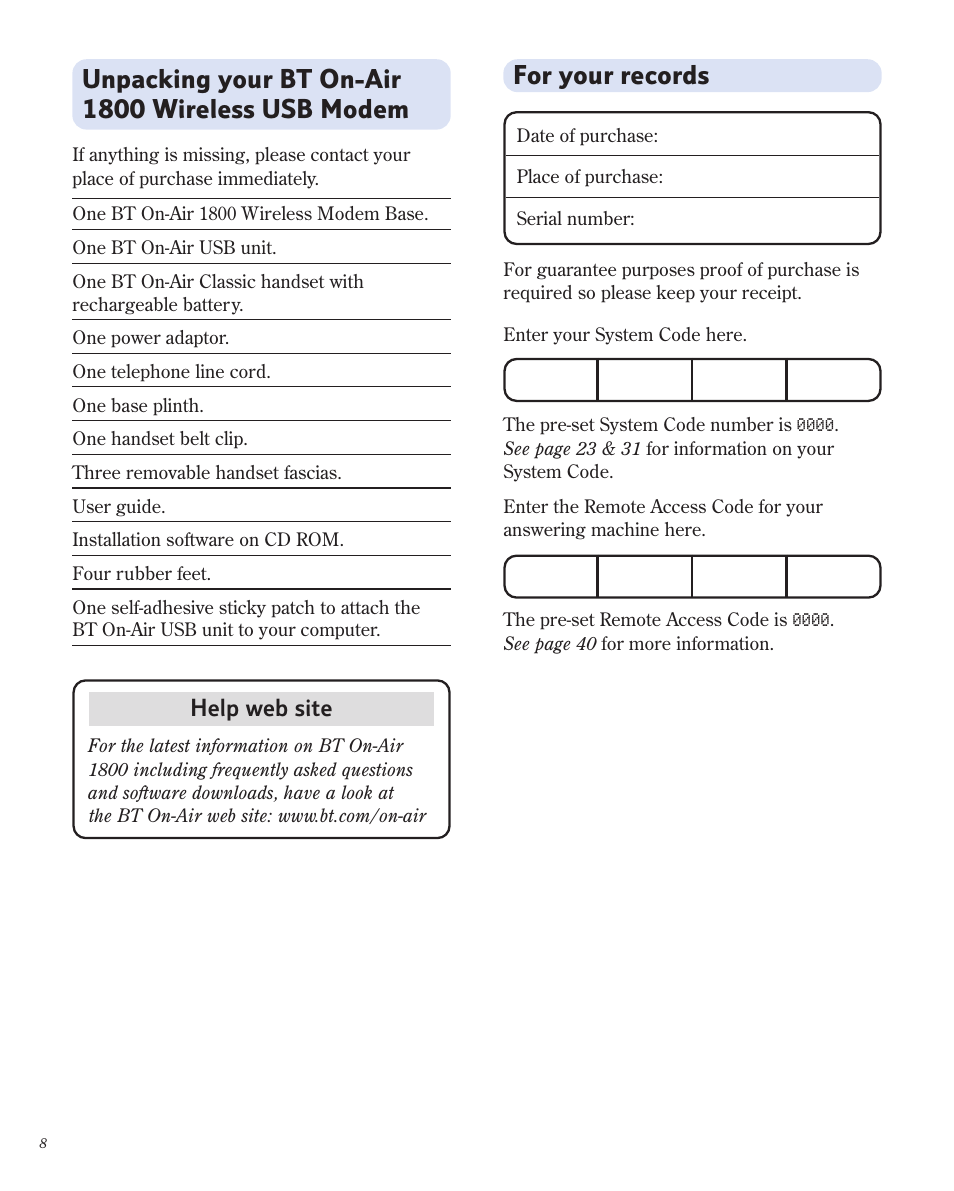 Unpacking your bt on-air 1800 wireless usb modem, For your records, Help web site | BT 1800 User Manual | Page 8 / 58