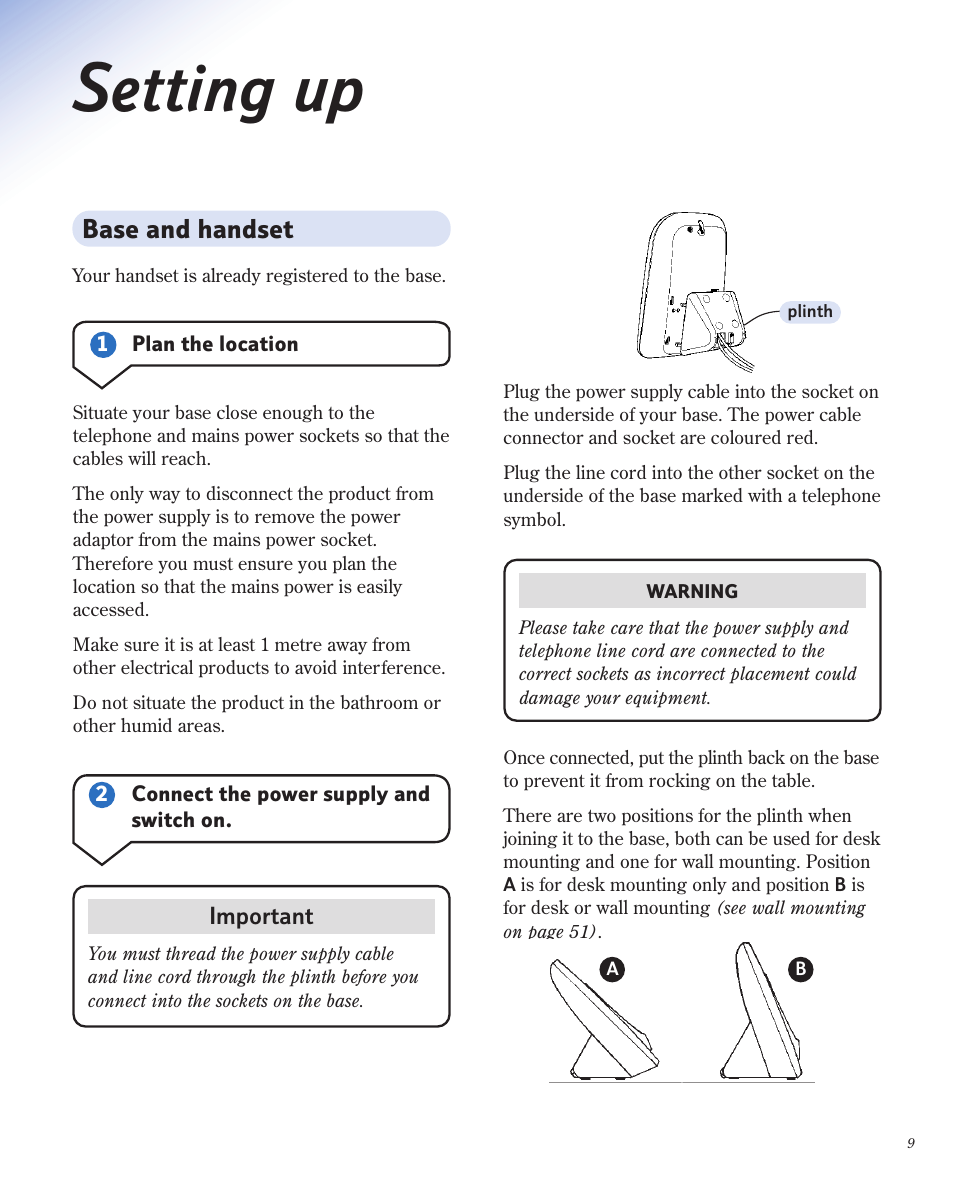Setting up, Base and handset | BT 1800 User Manual | Page 9 / 58