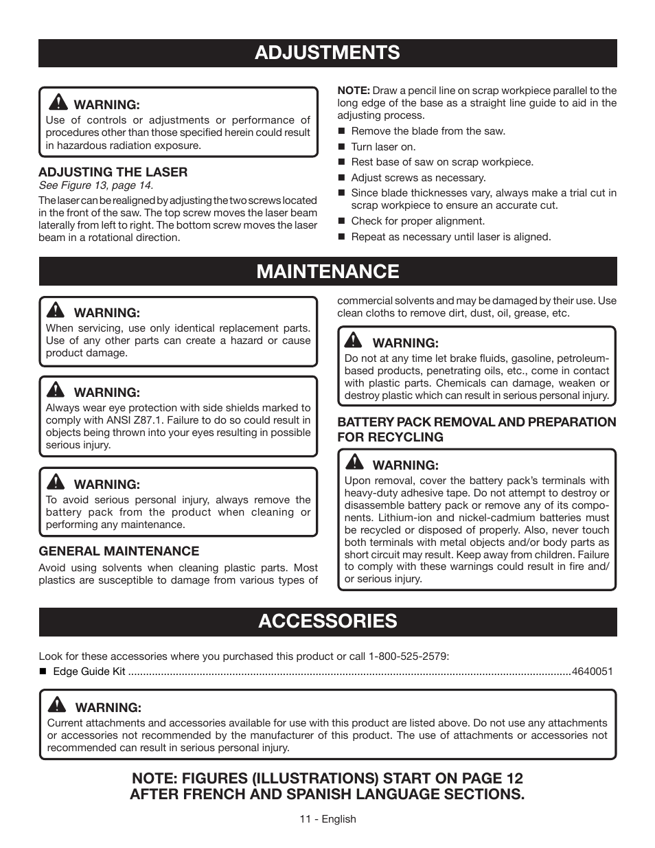 Adjustments, Maintenance, Accessories | Ryobi P521 User Manual | Page 11 / 36