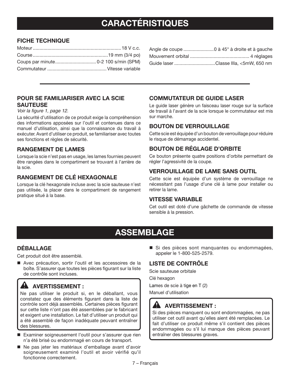 Caractéristiques, Assemblage | Ryobi P521 User Manual | Page 17 / 36