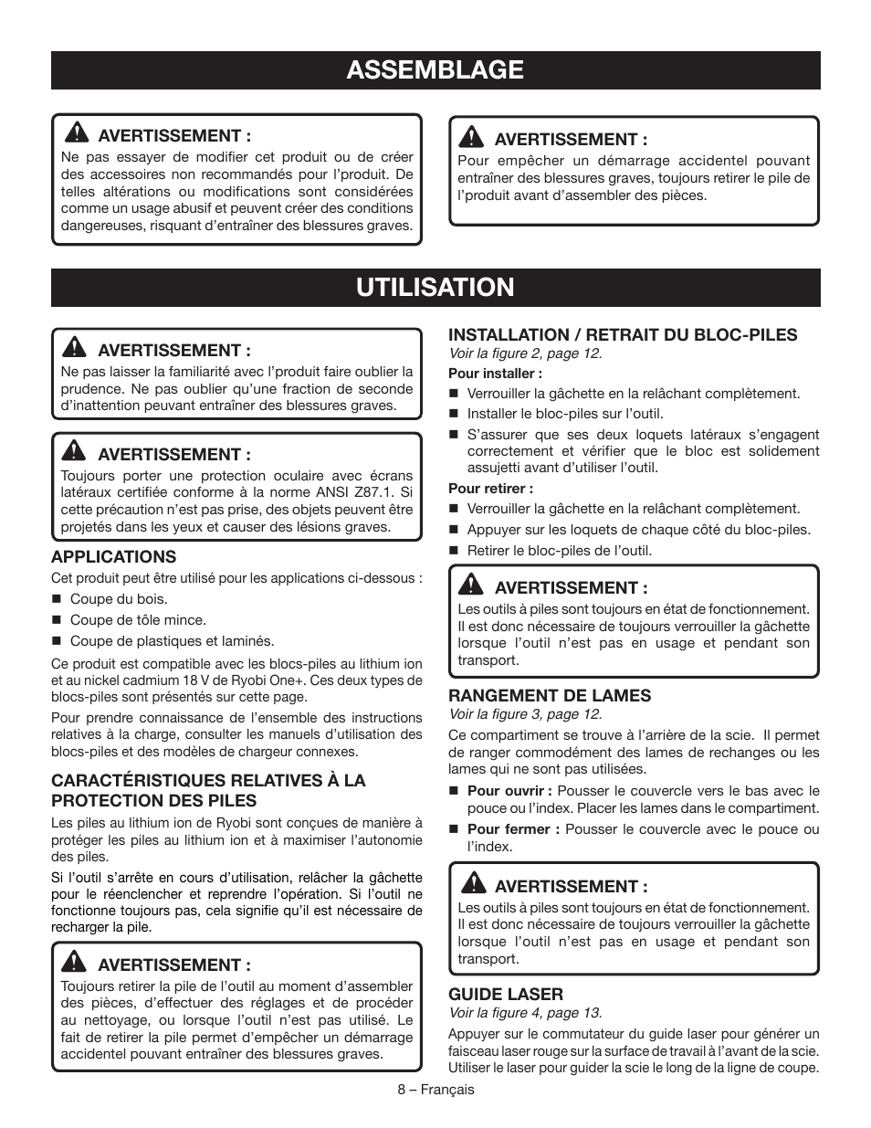 Assemblage, Utilisation | Ryobi P521 User Manual | Page 18 / 36