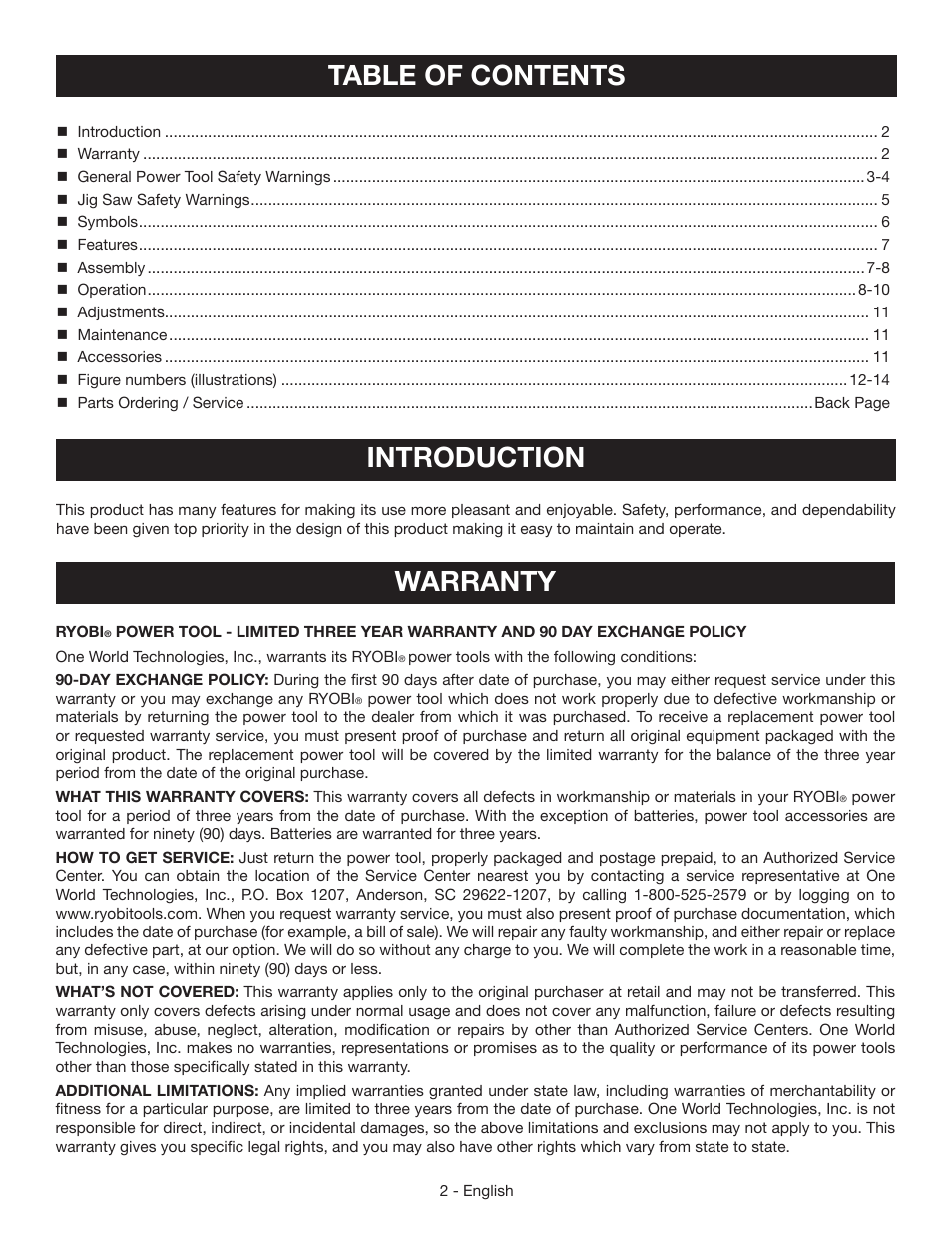 Table of contents introduction, Warranty | Ryobi P521 User Manual | Page 2 / 36