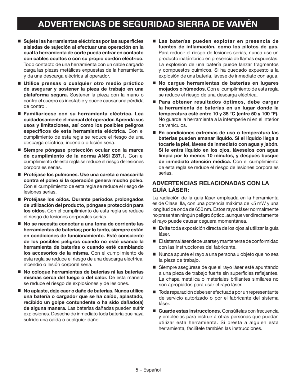 Advertencias de seguridad sierra de vaivén | Ryobi P521 User Manual | Page 25 / 36